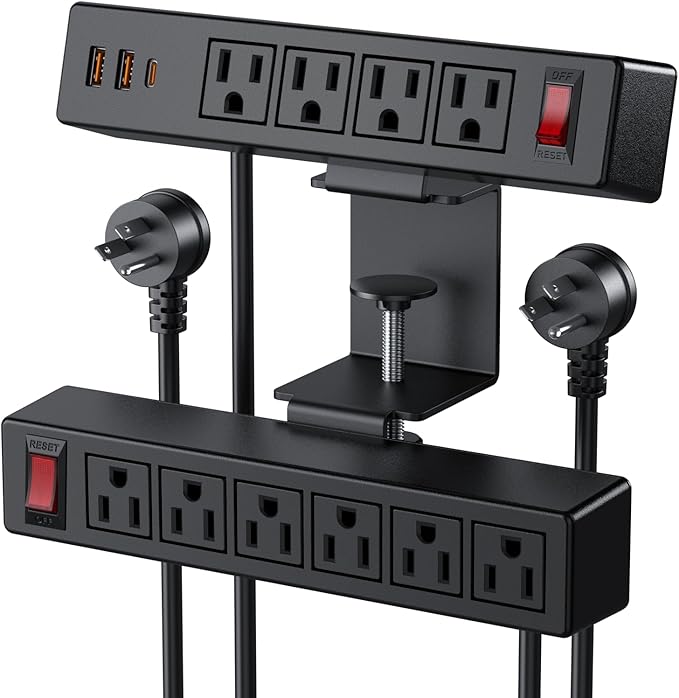 Dual Layer Desk Clamp Power Strip Surge Protector, Under Desk Power Strip with 10AC Outlets & 3 USB(20W USB-C), Desktop Edge Mount Charging Station, 15 Ft Extension Cord for Office Home (ETL Listed)