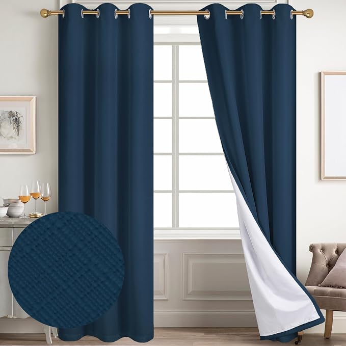 Diraysid 100% Blackout Curtains Navy Blue Linen Curtains - Image 2