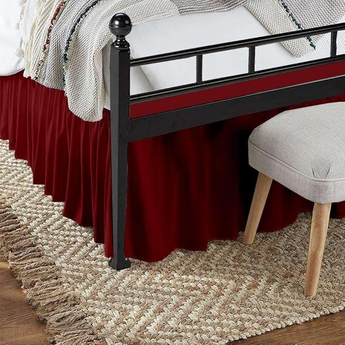 Burgundy Solid Ruffled Bed Skirt Twin-30 Inch Drop Split Corner, Microfiber Bedskirt with Platform Three Sided Coverage