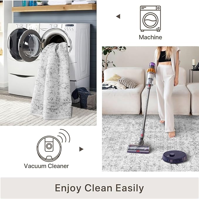 vivorug 9x12 Area Rugs for Living Room, Non Slip Machine Washable Vintage Rug, Ultra-Thin Lightweight Large Area Rug for Bedroom, Dining Room, Low Pile Grey