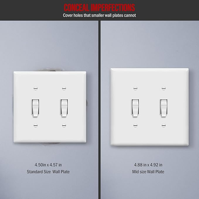 ENERLITES Toggle Switch Wall Plate, 2-Gang 4.88" x 4.92", Mid-Size, UL Listed, 8812M-W-10PCS, White (10 Pack)