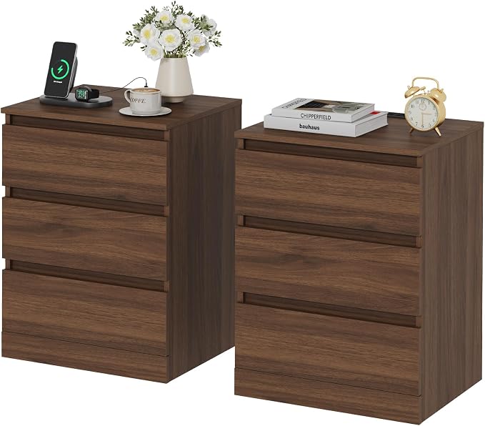 Nightstands Set of 2 with Charging Station and Drawer, Walnut | Bedside Tables by Draelibor
