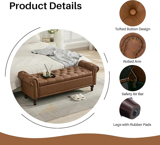 SOFTHION 58.1" Storage Bench for Bedroom, PU Leather Upholstered - Image 4