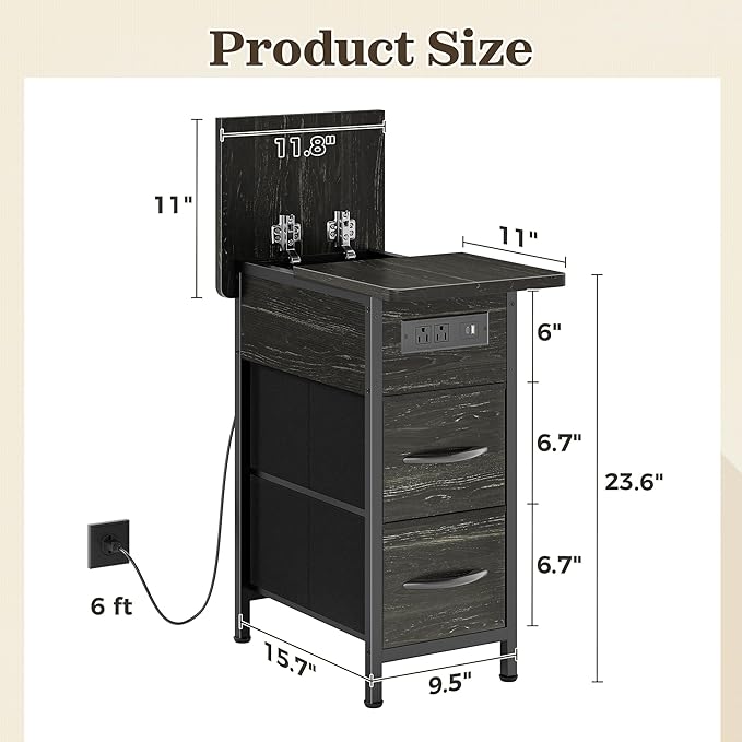 Huuger Narrow End Table with Charging Station, Side Table with 2 Drawers | Slim - Image 3