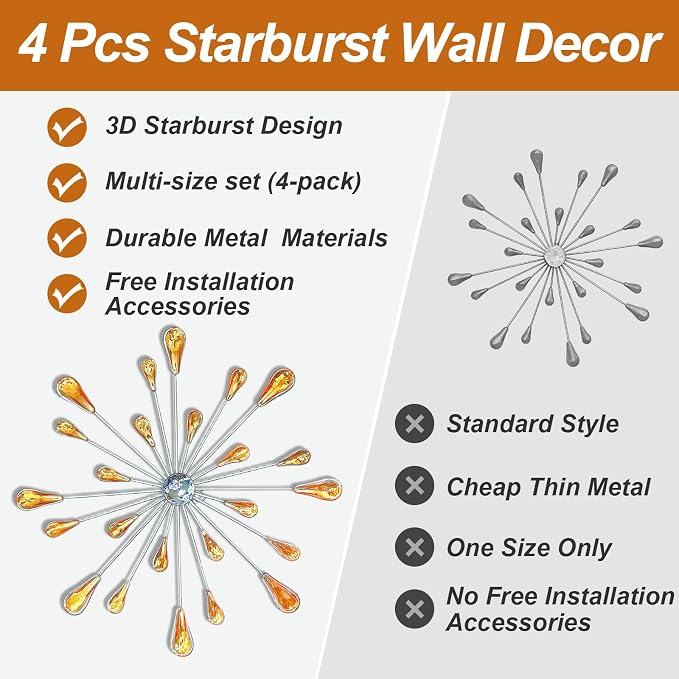ZEXUIRU 4 Set Silver Starburst Wall Art - Image 7