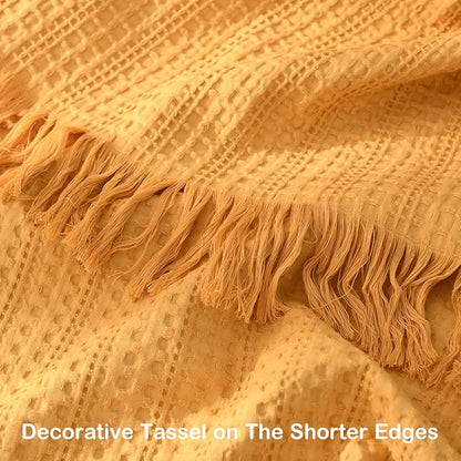 100% Cotton Waffle Blanket with Fringe, Pre-Washed Waffle Weave Blanket for All Season, Lightweight Breathable Soft Cozy Throw Blanket for Couch, Bed, Travel (Mustand Yellow - 66x90 Inches)