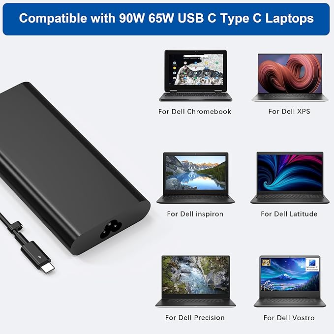 QIOUZW New 90W USB C Laptop Charger Compatible with Dell xps Adapter,LA90PM170 DA90PM170 DA65NM170,Latitude 3400 3500 5400 5289 5300 7400 7300 7390 7200 2in1,Precision 3540 Type C Power Cord Supply