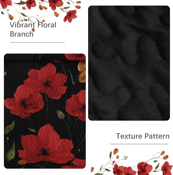 Mybedsoul Floral Quilt Set King Size, 3 Pieces Black Bedspread Coverlet Set - Image 5