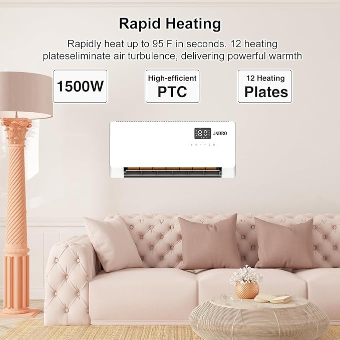24-Inch Wall Mounted Electric Heater - 1500W Indoor Space Heater with LED Display, 3 Heat Settings, Oscillating Fan, Electric Heater for Bedroom Office Bathroom