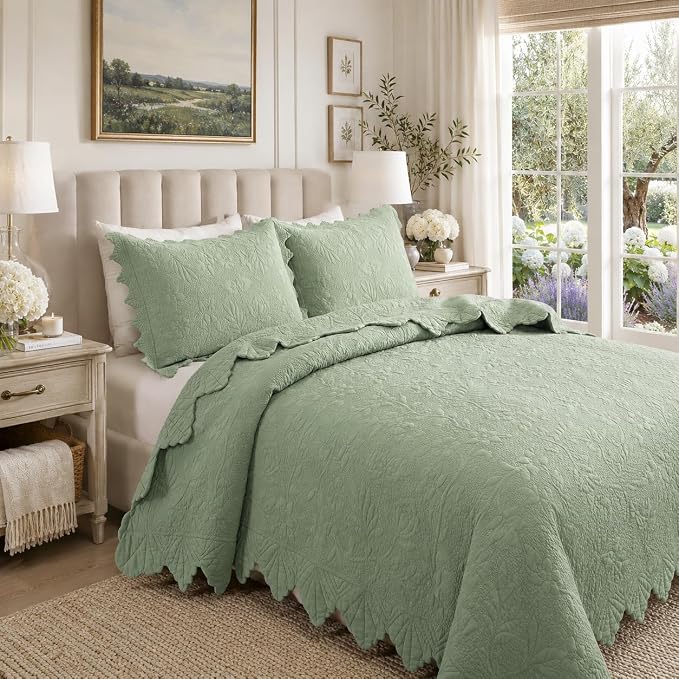 Brandream Premium Sage Green Cotton Quilt Set Queen Size Floral Vine Stitching - Image 4