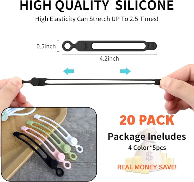 UMUST 20Pcs Silicone Cable Ties, Cable Management Cord Organizer Multicolor | - Image 2