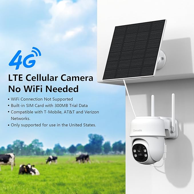 Cinnado 4G LTE Cellular Security Camera-No WiFi Outdoor Camera Wireless with 5W Solar Panel, 2K 360° Color Night Vision, PIR Motion, TF Card Storage, Works with Alexa, SIM Card Included, B6 4G 1P