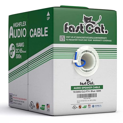 fast Cat. Speaker Wire 16 Guage 2C, UL Listed & CMR/CL3R-FT4 Rated - Speaker Cable w/PVC Jacket, 100% Oxygen-Free Pure Bare Copper - (65) HighFlex 16 Guage Wire - in-Wall Use-500ft Bulk Cable, Blue