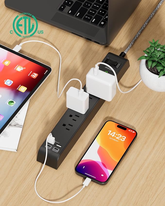 25FT Surge Protector Power Strip - 2 Pack Extension Cord with 6 Outlets 4 USB Ports, Flat Plug, 900 Joules, 15A Circuit Breaker, Wall Mount for Home Office, Dorm Essentials