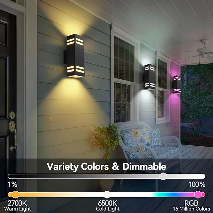 Zinola Outdoor Smart Wall Lights 2 Pack, Aluminum Exterior Lighting Fixtures Dusk to Dawn Color Changing Outdoor Lights with Matte Black Finish for Outside Decor, DIY Lighting Effects