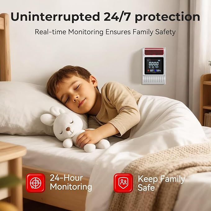 Nicbee 6-in-1 Smoke and Carbon Monoxide Detectors Plug in, Gas Leak Detector with Battery Backup, Adjustable Brightness & Volume Levels, Smoke Alarm with Temp/Humidity for Home, RV, Travel(3-Pack)