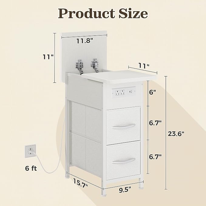 Huuger Narrow End Table with Charging Station, Side Table with 2 Drawers | Slim - Image 3