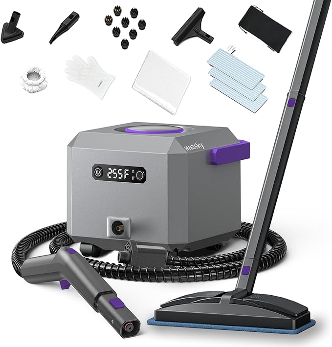 awasky Canister Steam Cleaner: 50-Sec Heat-Up, 0.6 Gal Tank Refill Anytime (Non-Pressurized), 1650W, 60 PSI, 21-Pcs Kit, Dry/Wet Modes, Detachable Hose for Tile Grout Furniture Floor Car Cleaning Gray