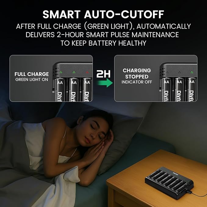 Dlyfull 8 Bay AA AAA Battery Charger with USB-C High-Speed Charging, Independent Slot for 1.2V Ni-MH Ni-CD Rechargeable Batteries, Cable Included