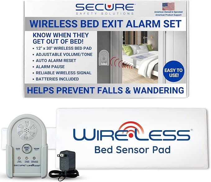 Secure Bed Alarm for Elderly Adults, Dementia Patients, Seniors - 12" x 30" Wireless Bed Sensor Pad, Alarm Monitor Pager, Power Adapter - Fall & Wandering Prevention Caregiver Alert System