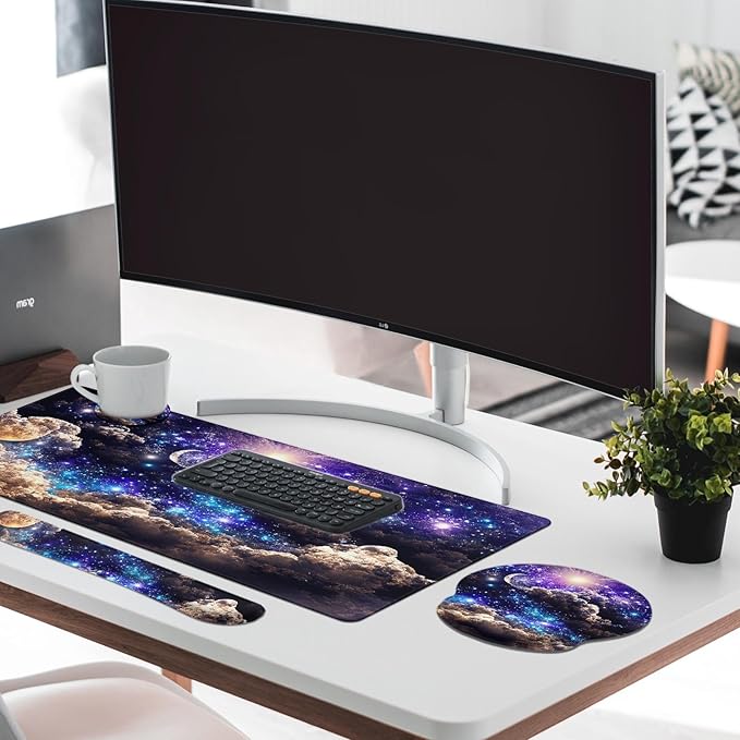 Britimes Moon Space Night Keyboard Mouse Pad Set Blue Cute Cloud 4in1 Large Mousepad+Keyboard Wrist Rest+Mouse Wrist Rest+Coaster Ergonomic Design for Home Office Computer 35.4x15.7 inches