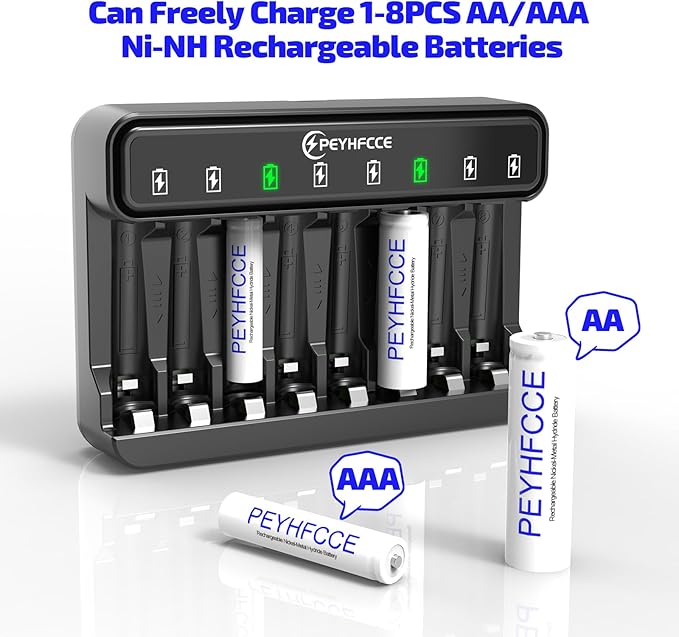 PEYHFCCE AA AAA 8 Bay Battery Charger with High-Speed Charging, Independent Slot for 1.2V Ni-MH Rechargeable Batteries