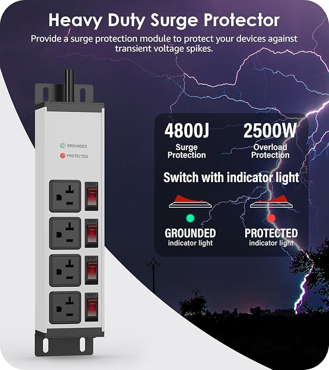 CCCEI Heavy Duty Surge Protector Power Strip 20 Amp Individual Switches. 25FT 12 Gauge Extension Cord with Multiple Outlets. Kitchen, Garage, Shop, Industrial Wall Mount Electric Extender, Grey.