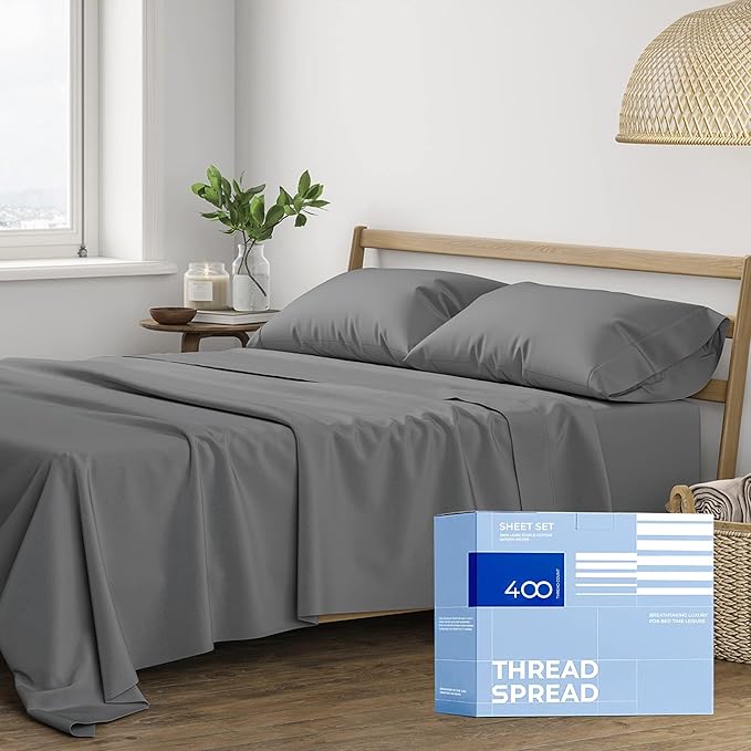 THREAD SPREAD Egyptian Cotton Sheets - 400 Thread Count 100% Cotton Twin XL Size Sheet Set, 3 PC Twin XL Sheets, Luxury Sateen, Dorm Rooms, 16" Deep Pocket Breathable Cotton Sheet (Dark Grey)