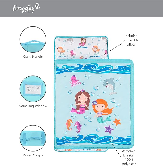 EVERYDAY KIDS Toddler Nap Mat with Removable Pillow -Underwater Mermaids- Carry Handle with Fastening Straps Closure, Rollup Design, Soft Microfiber for Preschool, Daycare Sleeping Bag, Ages 2-6 years