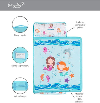 EVERYDAY KIDS Toddler Nap Mat with Removable Pillow -Underwater Mermaids- Carry Handle with Fastening Straps Closure, Rollup Design, Soft Microfiber for Preschool, Daycare Sleeping Bag, Ages 2-6 years