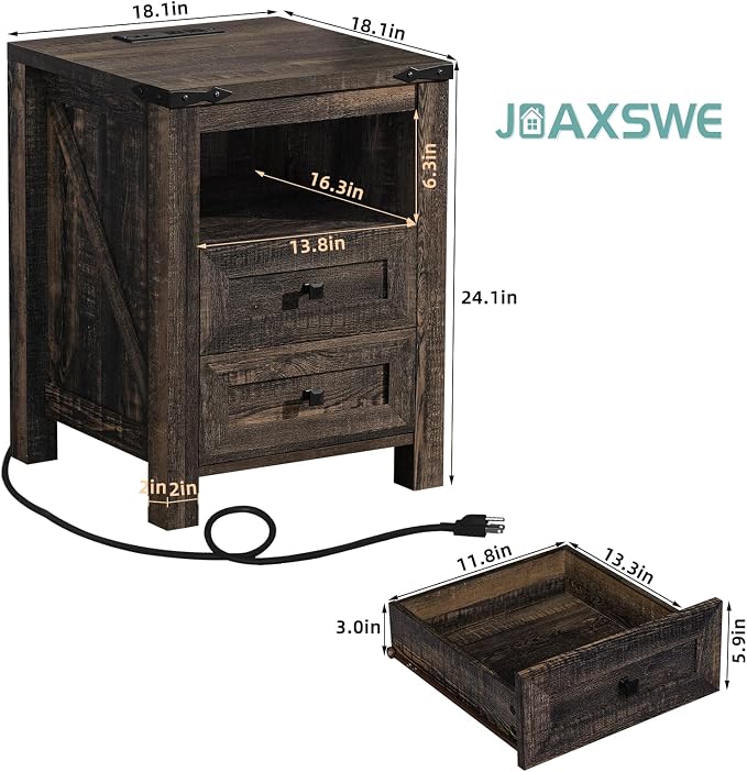 Joaxswe Nightstand with Charging Station and 2 Drawers, Farmhouse | Dark Drey - Image 2