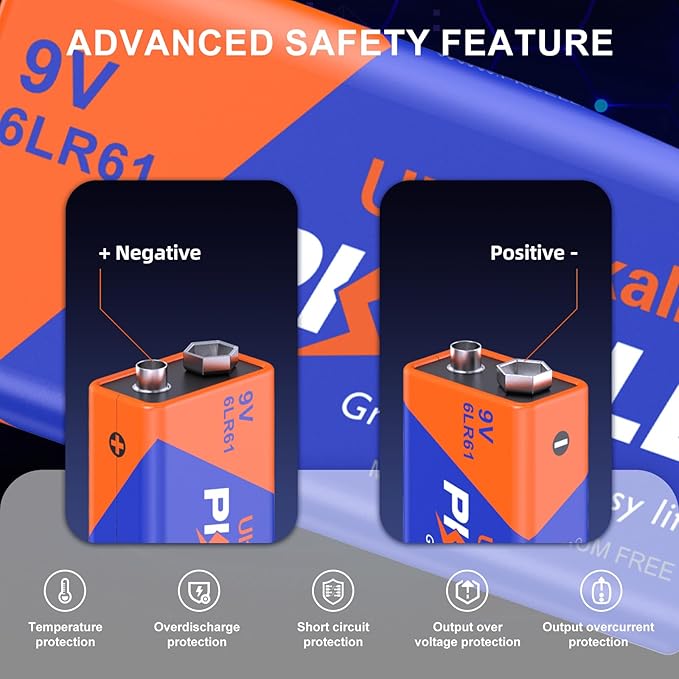PKCELL 9v Maximum Power Dry Battery – Ultra Long-Lasting 9V Batteries for Smoke Detector 9v 6lr61 Alkaline for Smoke Alarms