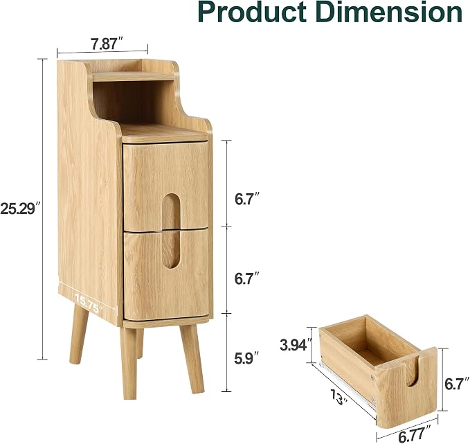 Small Nightstand Set of 2, Wood 2 Drawer Narrow Nightstand, Slim Side Table - Image 2
