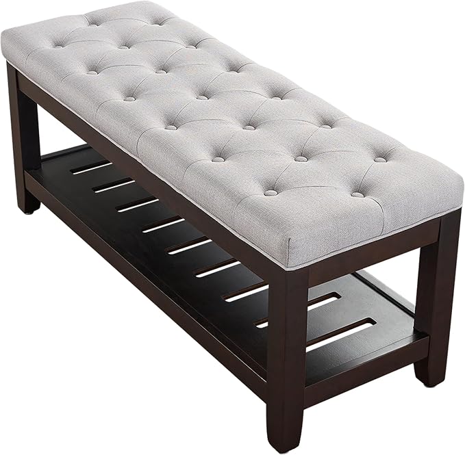 LOULENS 44'' Linen Storage Bench, Upholstered End of Bed Bench, Light Grey | by LOULENS