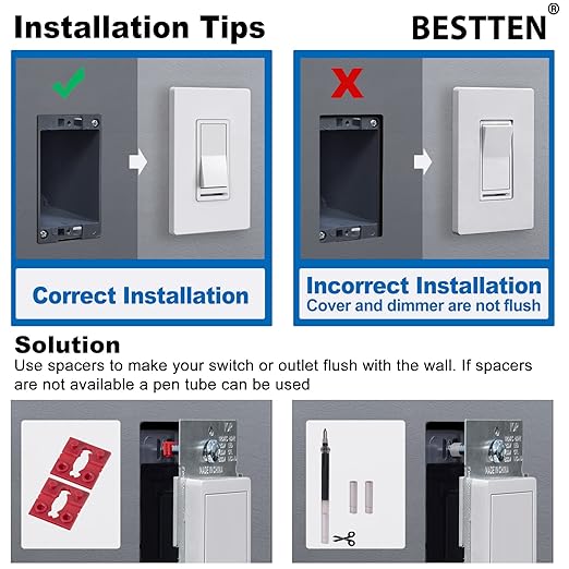 BESTTEN 6 Pack Dimmer Wall Light Switch, Compatible with Dimmable LED, CFL, Incandescent and Halogen Bulb, Single Pole or 3-Way Dimmer Switches, 120VAC, Decorator Wall Plate Included, Black