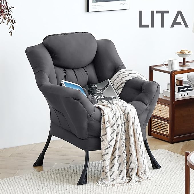 Lazy Chair with Ottoman, Comfy Accent Reading Chair, Dark Grey | Foldable - Image 6