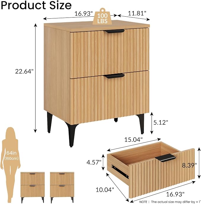 SUNWAVE Fluted Nightstand Set of 2, Modern Night Stands - Image 3