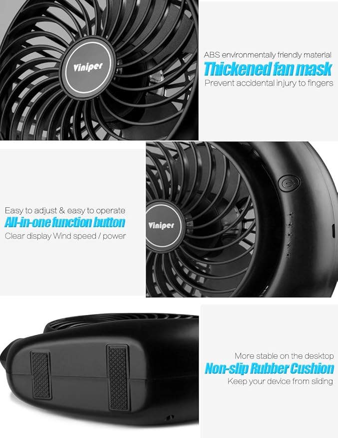 Viniper Portable Rechargeable Fan, Small Desk Fan : 3 Speeds & about 8-24 Hours Longer Working, 180 Rotation, Portable Battery Desktop Fan for Home/Office (Black, Light Black Blade)6.2 inch