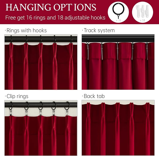Christmas Red Velvet Curtains 96 Inches Long, Pinch Pleated Blackout Thermal - Image 4