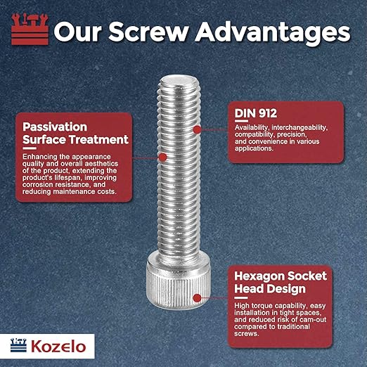 Kozelo 5pcs Socket Head Cap Screws - [M12-1.75 x 50mm] 304 Stainless Steel Allen Socket Drive for Electrical Motor 3D Printing Fan Engine Replacement Use, Silver