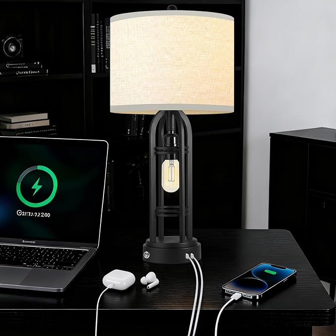 Black Table Lamps Set of 2, Table Lamp with USB Port, 3 Color Temperatures, Stepless Dimming, Bedside Lamps, Bedroom Lamps, Farmhouse Lamps for Living Room(Bulbs Included)