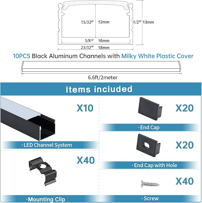 Muzata 10Pack 6.6FT/2M Plus-Size Spotless LED Channel Black LED Strip Diffuser Channel with Milky Frosted White Diffuser Cover U103 BW 2M