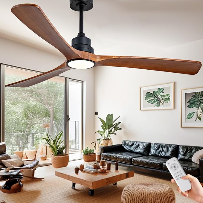 Gaizw Ceiling Fans with Lights, 60 Inch Ceiling Fan with Remote Control, 3 Blades Walnut Fan Reversible Quiet DC Motor 6 Speeds Timing Indoor Outdoor Farmhouse Ceiling Fans for Bedroom Living Room