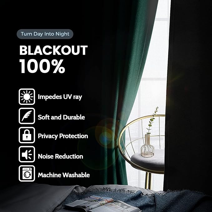 SimpleHome Dark Green 100% Blackout Curtains Room Darkening Living Room 96 | - Image 3