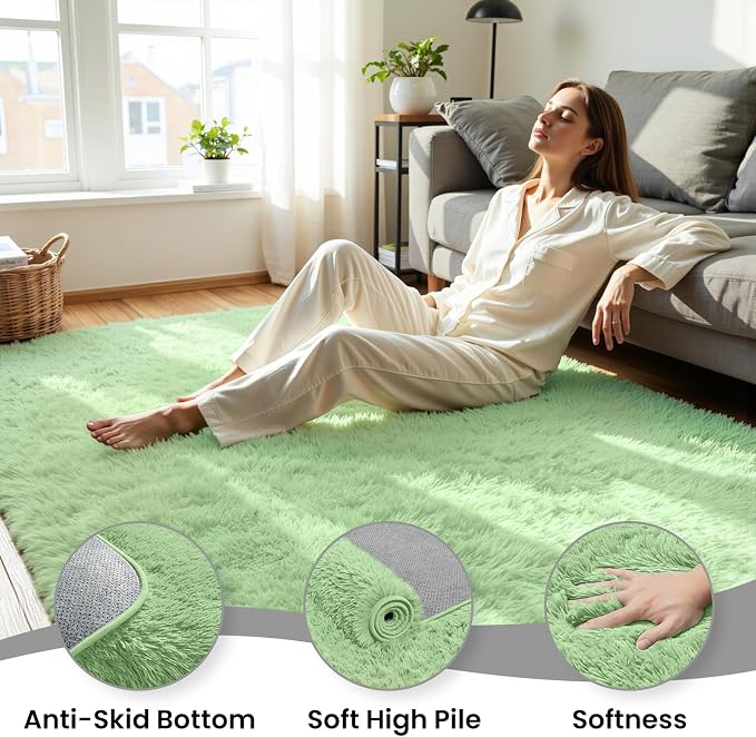 8x10 Fluffy Area Rug for Living Room: Non-Slip Light Green Bedroom Carpet | - Image 5