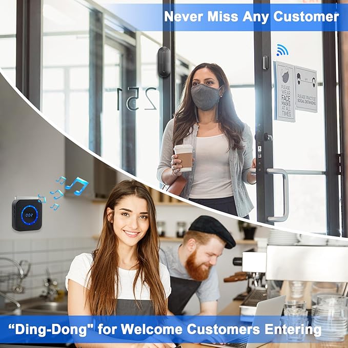 Door Chime SanJie Wireless Door Sensor for Business Home Office When Entering with 800Ft Range 55 Chimes 5 Volume Levels Adjustable Number Display (2 Receiver & 2 Sensor)