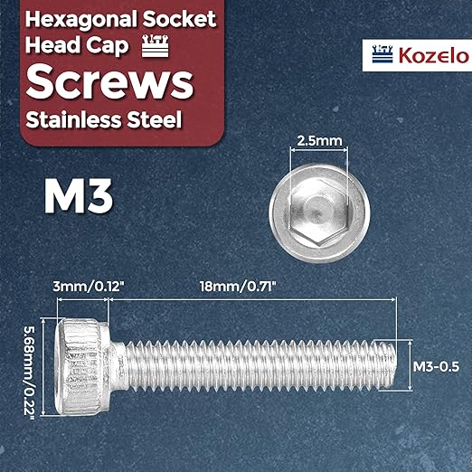 Kozelo 50pcs Socket Head Cap Screws - [M3-0.5 x 18mm] 304 Stainless Steel Allen Socket Drive for Electrical Motor 3D Printing Fan Engine Replacement Use, Silver