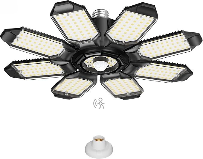 Kryoza Motion Sensor Garage Light, 25000LM Motion Sensor Shop Light with 8+1 LED Panels, 6500K Daylight, Indoor Motion Activated Light Bulb for Garage, Workshop, Barn, Attic