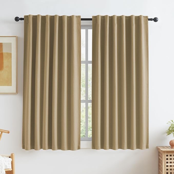 Burlap Linen Blackout Curtains 63 Inches Long, Back Tab Rod Pocket Hook Belt by KEQIAOSUOCAI