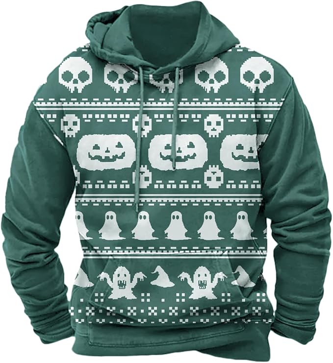 Halloween Hoodie Men Graphic Pumpkin Ghost Printed Sweatshirt Casual Trendy Long Sleeve Halloween Hooded Tops with Pockets